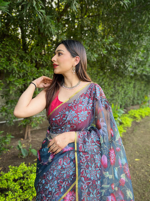 Grey Organza Saree With Blouse Piece