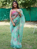 Aqua Green Organza Saree With Blouse Piece