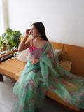 Aqua Green Organza Saree With Blouse Piece