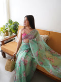 Aqua Green Organza Saree With Blouse Piece