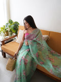 Aqua Green Organza Saree With Blouse Piece