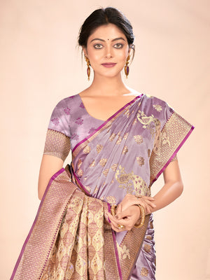 Purple Satin Silk Saree With Blouse Piece