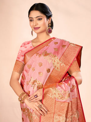 Light Pink Satin Silk Saree With Blouse Piece