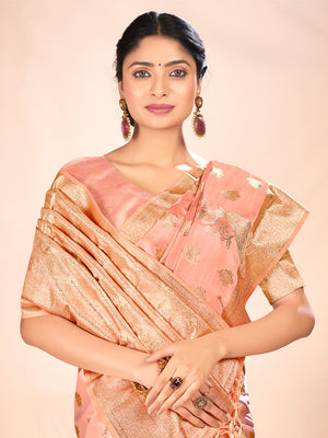 Peach Satin Silk Saree With Blouse Piece