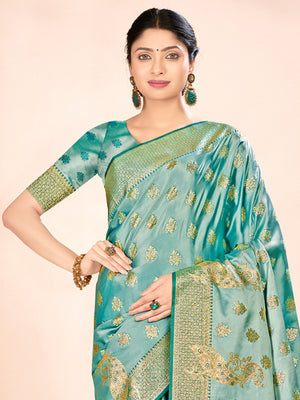 Turquoise Satin Silk Saree With Blouse Piece