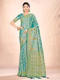 Turquoise Satin Silk Saree With Blouse Piece