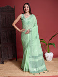 Green Linen Saree With Blouse Piece