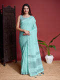 Turquoise Linen Saree With Blouse Piece