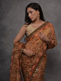 Brown Chiffon Mirror Work Designer Saree with Blouse