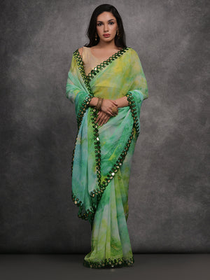 Green Chiffon Print with Mirror Work Designer Saree with Blouse