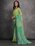 Green Chiffon Print with Mirror Work Designer Saree with Blouse