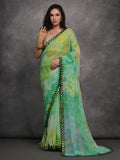 Green Chiffon Print with Mirror Work Designer Saree with Blouse