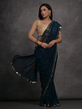 Navy Blue Chiffon Print with Mirror Work Designer Saree with Blouse