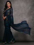 Navy Blue Chiffon Print with Mirror Work Designer Saree with Blouse