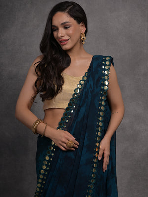 Navy Blue Chiffon Print with Mirror Work Designer Saree with Blouse