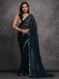 Navy Blue Chiffon Print with Mirror Work Designer Saree with Blouse