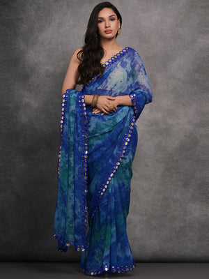 Blue Chiffon Print with Mirror Work Designer Saree with Blouse