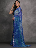 Blue Chiffon Print with Mirror Work Designer Saree with Blouse