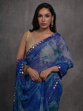 Blue Chiffon Print with Mirror Work Designer Saree with Blouse