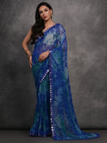 Blue Chiffon Print with Mirror Work Designer Saree with Blouse