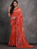 Red Chiffon Print with Mirror Work Designer Saree with Blouse