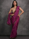 Wine Chiffon Print with Mirror Work Designer Saree with Blouse