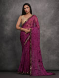 Wine Chiffon Print with Mirror Work Designer Saree with Blouse