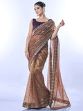 Brown Net Sequins Embroidered Designer Saree with Blouse