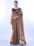 Brown Net Sequins Embroidered Designer Saree with Blouse