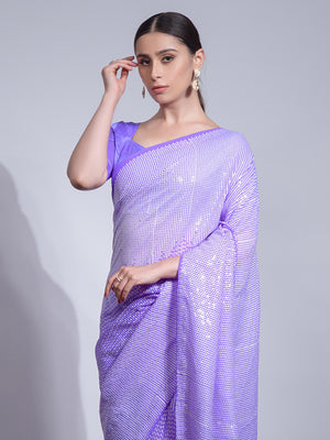 Violet Georgette Sequins Embroidered Designer Saree with Blouse