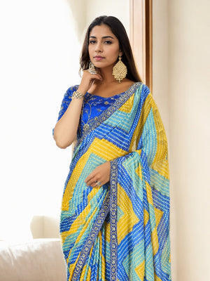 Multicolor Chinon Bandhani Print with Embroidered Saree with Blouse