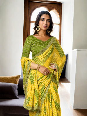 Yellow Chinon Bandhani Print with Embroidered Saree with Blouse