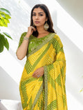 Yellow Chinon Bandhani Print with Embroidered Saree with Blouse