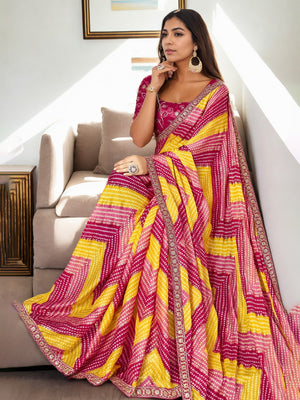 Multicolor Chinon Bandhani Print with Embroidered Saree with Blouse