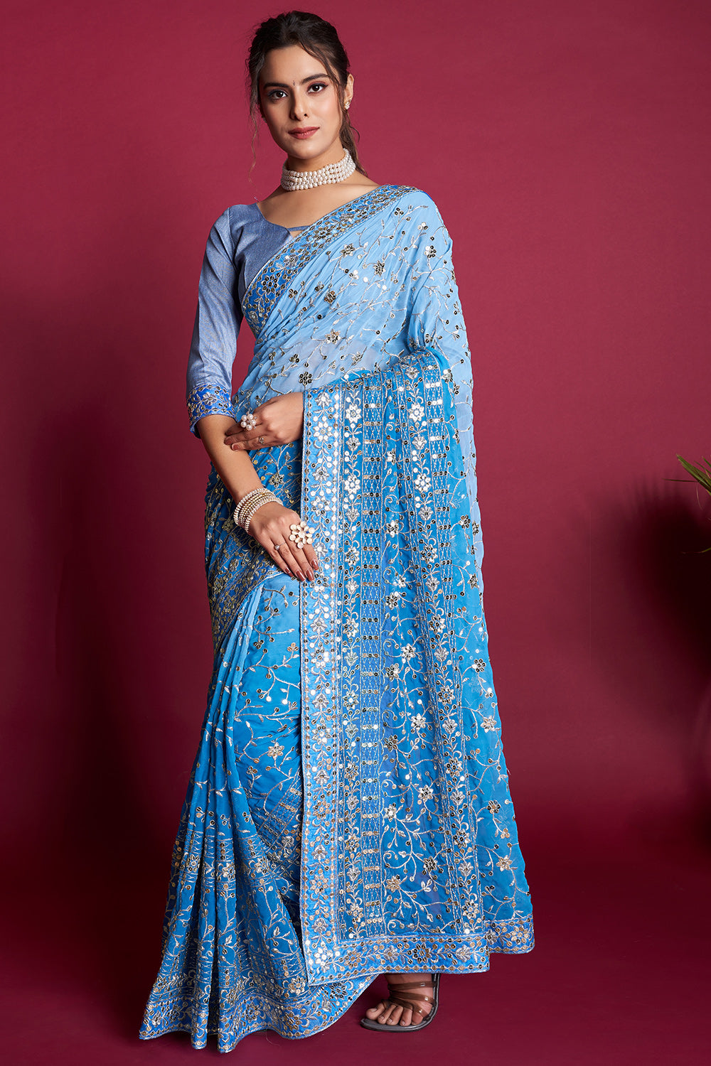 Sky Blue Color Organza Saree With Resam Embroidery Work and Blouse in USA,  UK, Malaysia, South Africa, Dubai, Singapore