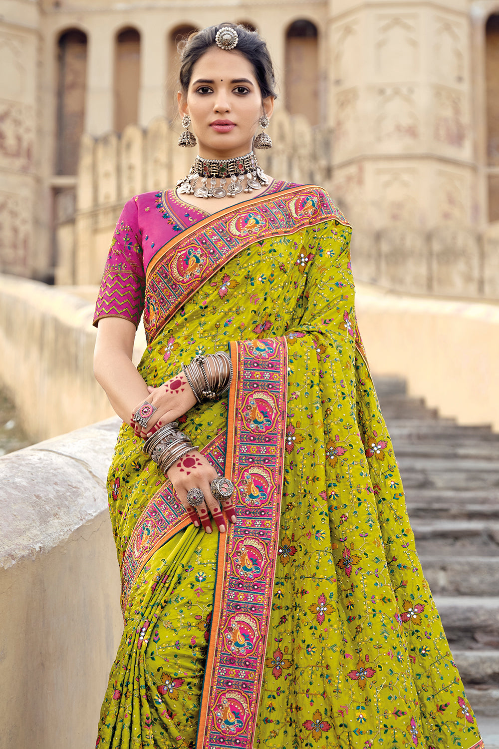 Buy Lime Green Banarasi Saree online-Karagiri