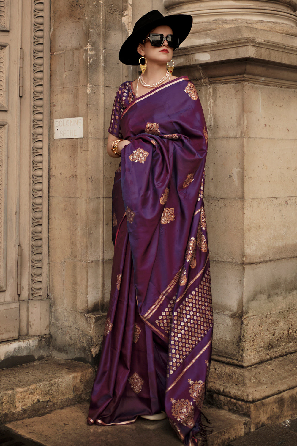 Copper Zari Weaving Pure Satin Silk Violet Purple Saree – Sunasa