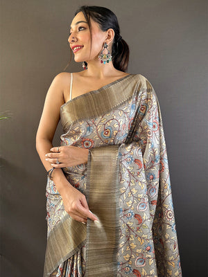 Multi Color Tussar Silk Saree With Blouse Piece