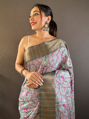 Sky Blue Tussar Silk Saree With Blouse Piece