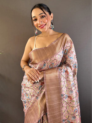 Light Pink Tussar Silk Saree With Blouse Piece