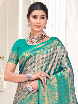 Sea Green Kanjivaram Silk Saree With Blouse Piece