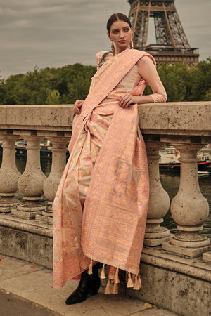 Peach Kashmiri Silk Saree With Blouse Piece