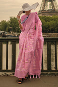 Baby Pink Kashmiri Silk Saree With Blouse Piece