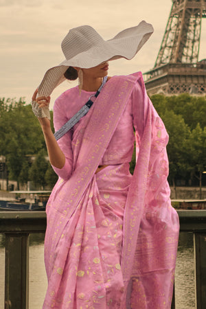 Baby Pink Kashmiri Silk Saree With Blouse Piece