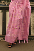 Baby Pink Kashmiri Silk Saree With Blouse Piece