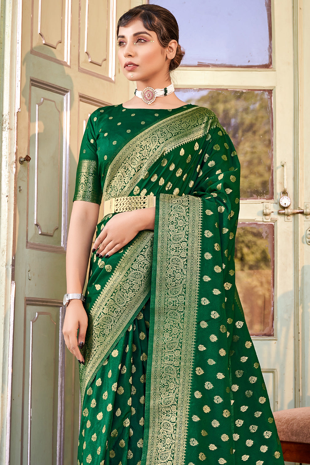Berry Red Fancy Chiffon Saree with Green Floral Printed Border and Blouse  Piece | FashSpark