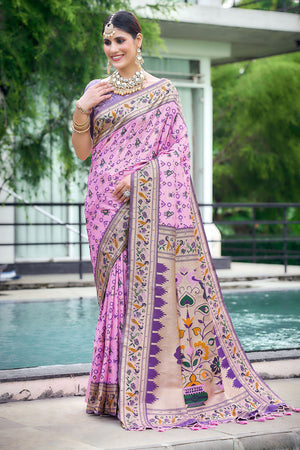 Baby Pink Paithani Patola Silk Saree With Blouse Piece