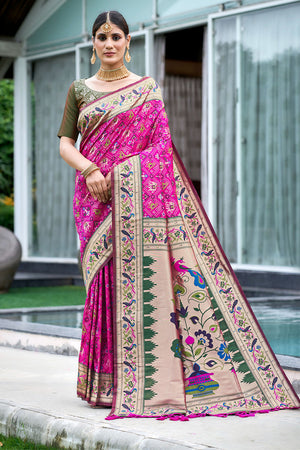 Rani Pink Paithani Patola Silk Saree With Blouse Piece