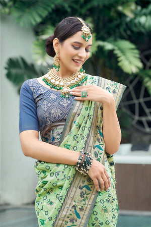 Pista Paithani Patola Silk Saree With Blouse Piece