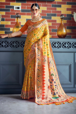 Yellow Paithani Patola Silk Saree With Blouse Piece